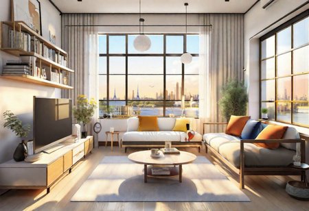 ((front view)), anime-style, modern-style interior, with white walls, (large windows), Nordic-style furniture, a  study, Sofa, coffee table, bookcase, single wall, 
warm light morning sun, (the view of the city)