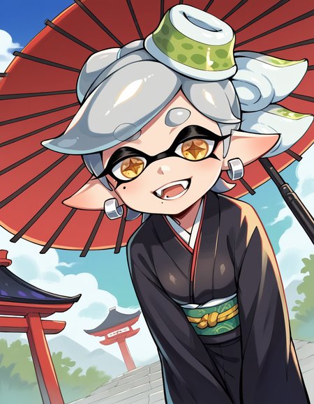 score_9, score_8_up, score_7_up, source_anime,
splatoonmarie, <lora:splatoon-marie-ponyxl-lora-nochekaiser:1>,
marie, fangs, grey hair, mole, mole under eye, pointy ears, short hair, yellow eyes, domino mask, mask, tentacle hair,
earrings, hair ornament, japanese clothes, jewelry, kimono, long sleeves, mole, mole under eye,  umbrella, wide sleeves,
outdoors, shrine, bent over, smile,
solo, dutch angle, looking at viewer, cowboy shot,