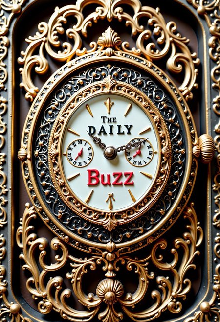 A photo of newspaper press, intricate artwork, masterpiece, trending on artstation, highly detailed. watch is metallic. newspaper press is metallic, mtlartCE_style. aidmatextimprover. Printed newspaper has the title "The Daily Buzz", colorful, steampunk