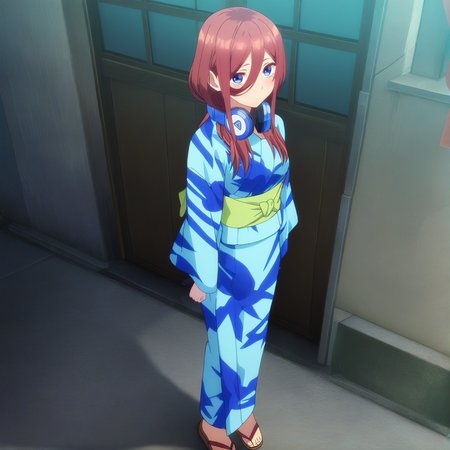 masterpiece, high quality, high res, absurd res, ultra high quality,
<lora:Miku_Nakano_Illustrious_v57:1>, M1kuNakan0_Illu, 1girl, (solo:1.2), brown-red_hair, hair_over_eye, long_hair, dark-blue_eyes, headphones, (triangle_logo:1.1), bangs, yukata,  green_obi, sandals, full body, anime_screencap, standing
