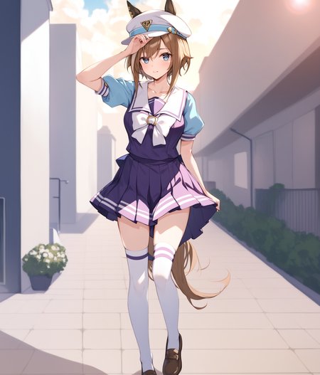 score_9, score_8_up, score_7_up, source_anime BREAK
tracen_uniform, 1girl, solo, breasts, looking at viewer, blush, blue eyes, brown hair, shirt, hat, animal ears, medium breasts, school uniform, collarbone, short sleeves, outdoors, sky, puffy sleeves, sailor collar, puffy short sleeves, horse ears, horse girl, purple shirt, hand on headwear, tracen school uniform, standing, white thighhighs, brown shoes, white bow, 
<lora:cheval_grand-ponyXL:0.8>,