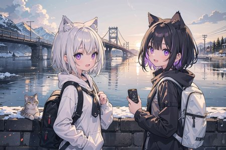 (masterpiece),  (2girls:1.2),  black hair,  silver hair,  medium hair, short hair,  multicolored hair,  yellow eyes,  purple eyes,  medium breasts,  winter,  casual,  cat ears,  smile,  open mouth,  backpack,  scenery