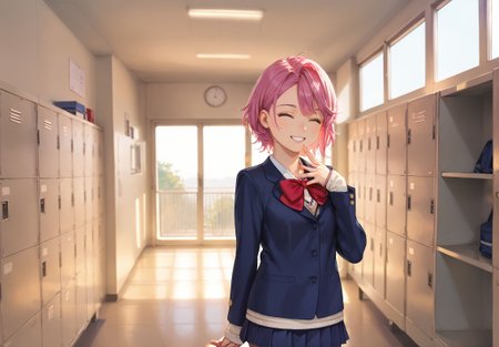 score_9,score_8_up,score_7_up,masterpiece, best quality, <lora:WHM 0.2v:0.5>, WHM, 2D,anime,  
1girl, smile,  hand on mouth, open mouth, grin,  closed eyes, happy, 
getabako, scenery, window, locker, school, indoors,window,sunlight, <lora:gakkou_getabako_PONY_V1:0.5>
BREAK
 <lora:shiratori_aira_pony:0.8>, shiratori aira dandadan, short hair, pink hair, brown eyes, school uniform, red bow, skirt, sleeves past wrists, 1girl, standing, alone, looking at the viewer,