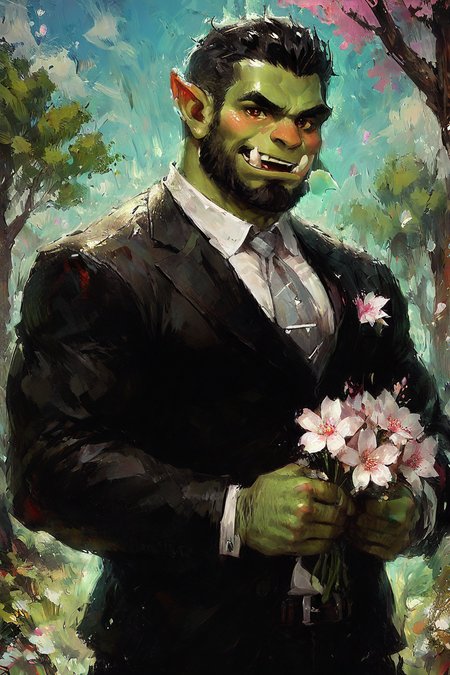 masterpiece, best quality, highres, newest, 1boy, solo, male focus, mature male, orc, green skin, tusks, short hair, black hair, facial hair, beard, muscular, looking at viewer, cowboy shot, formal, black suit, suit, white shirt, collared shirt, grey necktie, long sleeves, smile, blush, holding flower, holding bouquet, standing, outdoors, sky, blue sky, tree, cherry blossoms <lora:OIS - s4 [LoRA] - NoobAI-XL EPS 1.0:1>