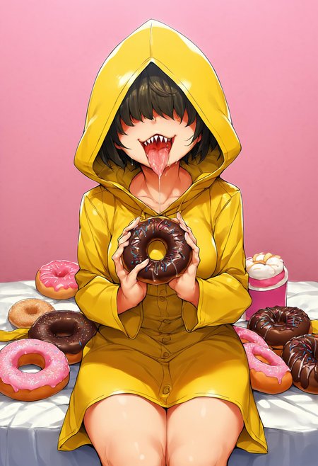 score_9, score_8_up, score_7_up, score_6_up, score_5_up, score_4_up, solo,
, naughty_face  ,
solo, 1girl, sixSDXL,short hair,black hair,hood,hood up,hair over eyes,raincoat,yellow raincoat,sharp teeth,cowboy shot,meduiem breast, pov, looking at viewer, sitting, tongue ,tongue_out ,very long tongue ,open mouth, saliva,saliva_trail ,saliva_drip ,licking donuts, chocolate doughnut, food on face, chocolate on face, covered in chocolate , box of donuts,in a box, doughnut background, best quality, highly detailed, masterpiece,<lora:Donutified_World_Morph:0.3>, <lora:NiseMIDIdoronokai_Ishikei_Assorted_Doujin_Artstyle_Blend_PonyXL:0.7>, zPDXL3 ,<lora:MeMaXL_V2:0.2>,  <lora:six:0.5>
