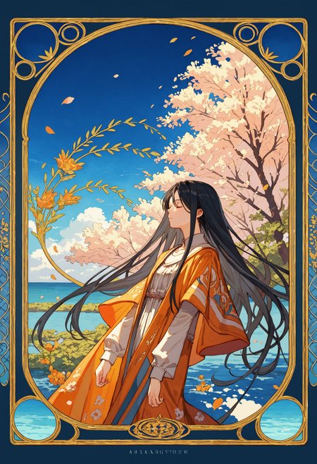 score_9, score_8_up, score_7_up, masterpiece, best quality, very aesthetic, absurdres,
<lora:Amano_Kozue_å¤©éããã_Style_Pony-000010:0.8> (amano_kozue:1.2), art nouveau, 
1girl, solo, black hair, long hair, closed eyes, symmetry, 
blue sky, ocean, port  town,