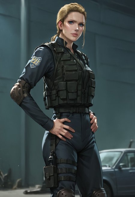 score_9, score_8_up, score_7_up, score_6_up, source_realistic, cowboy shot, BREAK 1girl, Angelamiller, blonde, pulled back hair, ponytail, blue eyes, swat uniform, tactical vest, elbow pads, knee pads, thigh holster,, standing, hands on waist,