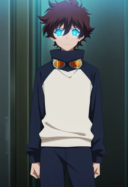 masterpiece, best quality, anime screencap, official style, anime coloring, cowboy shot, 1boy, solo, male focus, <lora:leonardo_watch_ilxl:0.92>, leonardo_watch, brown hair, short hair, hair between eyes, bangs, blue eyes, glowing eyes, goggles around neck, ,