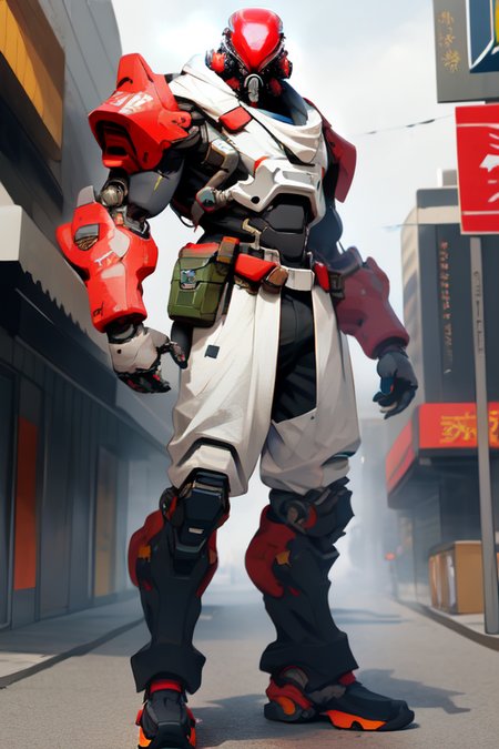 absurdres, 1boy, exosuit, machinery, military, gas mask, bald, upper armor, mechanical arms, solo, standing, looking at viewer, male focus, pants, boots, street,
 <lora:nijiarmor_v2:1>