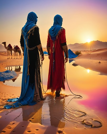 male hooded human sorcerer standing at a desert oasis, velvet, chains, water, reflections, sunset hour, intense colors, high contrast, camels, Bedouin warriors, <lora:add-detail-xl:1.0>,  <lora:xl_more_art-full_v1:0.4>,  <lora:XSfenlie:1> fenliexl, <lora:lora:1>, realistic photo