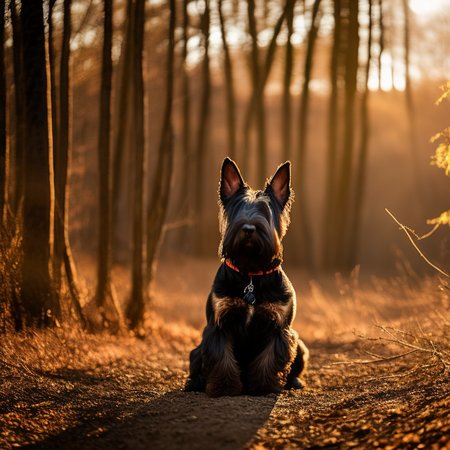Scottish Terrier in Dry deciduous forest light atmosphere, Soft lighting