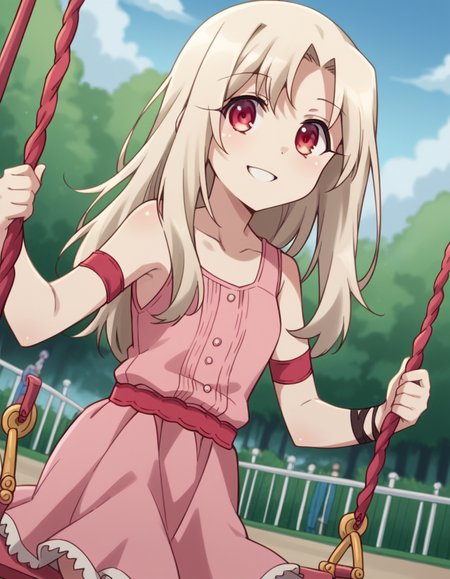 score_9, score_8_up, score_7_up, source_anime, <lora:illyasviel-von-einzbern-prisma-s2s3-ponyxl-lora-nochekaiser:1>,, illyasviel von einzbern, long hair, blonde hair, red eyes, parted bangs,, dress, collarbone, sleeveless, sleeveless dress, pink dress,, public park, playground, swing set, laughter, sunny day, smile, , arm wrapped around someone, solo,, cowboy shot, dutch angle