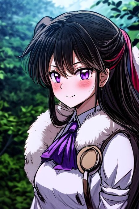 masterpiece,  best quality 1girl Setsun4 solo long hair,  (night time) forest background black hair very long hair purple eyes multicolored hair armor (fur trim) (medium body),<lora:EMS-179-EMS:0.800000>,<lora:EMS-293862-EMS:0.800000> bow, hair_bow, hair_tubes, red_bow, brown_hair, long_hair, bangs, ascot, frilled_bow, yellow_ascot, blush, smile, hair_between_eyes, athletic