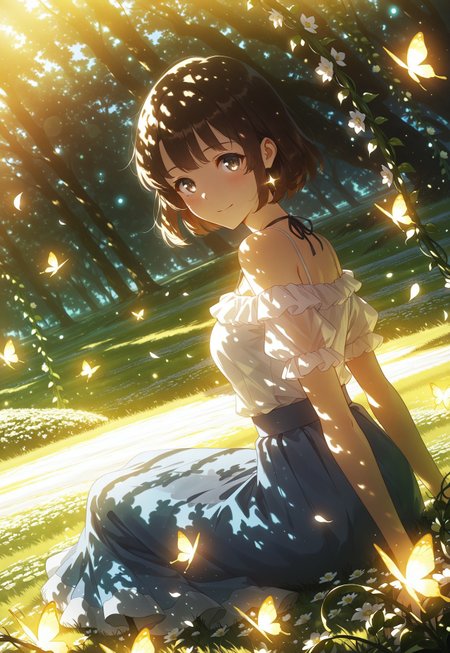 safe_pos, dynamic view, dutch angle, dynamic angle, cinematic framing, (digital painting:0.8), auralora, (aura:0.2), mythp0rt, bokeh, (luminescent background:0.8), 

elegant, masterpiece, best quality, highly detailed, high contrast, dramatic shadows, raytracing, subsurface scattering, 

gentle smile, off-shoulder white blouse, long flowing skirt, sky blue skirt, glowing butterflies, floating petals, magical sparkles, translucent fabric, soft blush, sitting on grass, flower vines , looking at viewer, 

(solo), 1girl, m3gum1kat0, bangs, brown hair,pupils,brown eyes,short hair, ((detailed eyes))