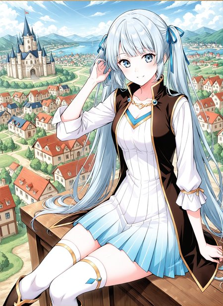 <lora:Xue_Mei_v6__Battle_Through_the_Heavens__Illustrious:1>
1 girl, solo, greyish blue eyes, light blue hair, long hair, straight fringe, twin tails, 
white and blue gradient dress, vertical stripe pattern, long sleeve dress, golden trim, short skirt,  V-neckline, hair ribbon, blue-grey eyes, short fantasy dress, white and blue outfit, sleeveless gold-trimmed vest, sleeveless waistcoat, , dark brown waistcoat high collar waistcoat, waistcoat with gold lining, white thigh-high socks, gold-trimmed boots, black boots, one-piece dress design
score_9, score_8_up, score_7_up, very aesthetic, source_anime, detailed, high quality, beautiful, masterpiece, detailed eyes, castle, village, blurry background, cityscape, pose dynamic angle, light smile, open mouth, hand on hair, sitting