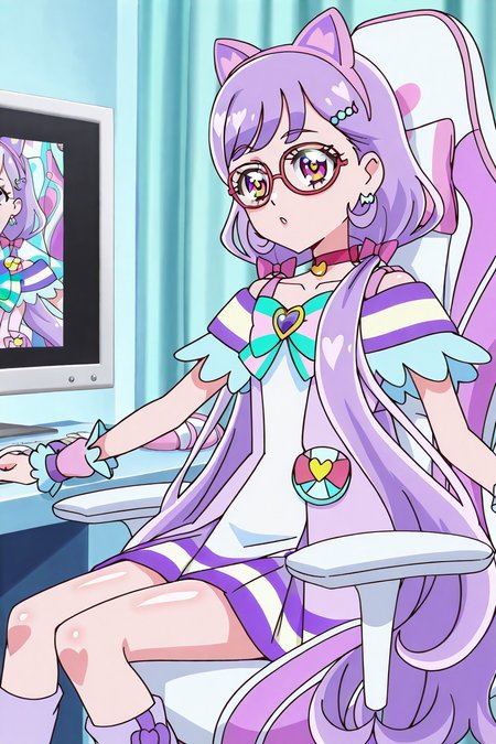 shiny skin, posing,
<lora:wonpri.il:1>,
wonpri,
gaming chair, monitor,, (purple hair:1.2), very long hair, low pigtails,
red eyes, glasses, hairpin, cat headphones,  
hairpin,