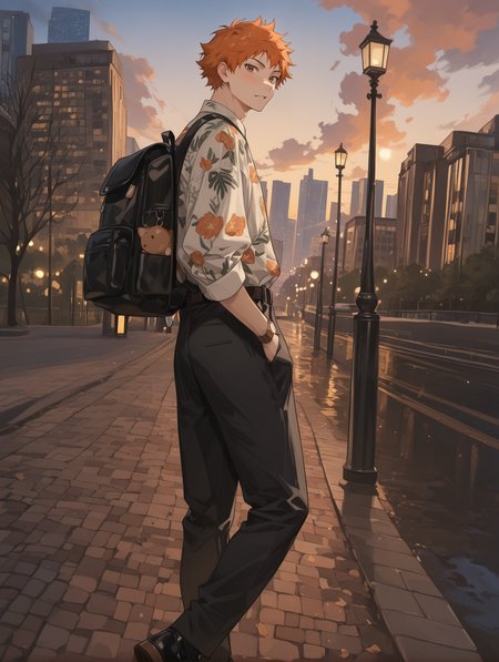 HinataShoyoCYQL,1boy,male focus,solo,short hair,orange hair,brown eyes,Printed shirt, Slim-fit trousers, Derby shoes, Canvas backpack, Round sunglasses, Statement wristwatch,drunk,looking_back,
BREAK
scenery,building,outdoors,sky,city,cloud,cityscape,skyscraper,lamppost,cloudysky,sunset,tree,road,citylights,,
BREAK
<lora:ponyv4_noob1_2_adamW:0.7>,<lora:spo_sdxl_10ep_4k-data_lora_webui:0.6>,<lora:USNR STYLE_XL_lokr:0.45>,<lora:illustrious_all_rated_v1:0.7>,<lora:96YOTTEA-WAI:0.8>,<lora:HinataShoyoCYQL:1>,
perfect quality,high quality,masterpiece,best quality,amazing quality,very aesthetic,absurdres,newest,
