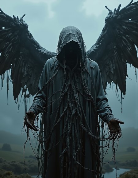 A cinematic photography.
Ornate and Intricate, cinematic photo long shot scenic professional photograph of a digital artwork depicting a haunting and eerie scene. The central character is a dark, shadowy figure draped in a tattered fabric, almost as if it were made of spider webs. The character's face is completely obscured, adding to the sense of mystery and fear. His hands, also covered in the web-like substance, are outstretched. The character has large, dark wings that are also made of the same web-like material, adding to the ethereal and otherworldly atmosphere.
The background is a foggy, misty scene with swirling, ethereal smoke or fog that creates a sense of depth and uncertainty. The colors in the image are mostly dark and muted, with shades of gray, black, and blue dominating. The texture of the web-like material is rough and stringy, giving it a realistic and tactile quality. The overall style of the work is dark fantasy, with the aim of creating a frightening and unsettling atmosphere through its strange and macabre elements. The image conveys a sense of foreboding and mystery, inviting viewers to contemplate the enigmatic nature of the central character.