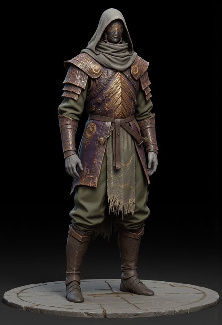 Bandit dressed in a medieval fantasy  Adventurer Set 
 wearing distinctive layered armor. The character has a sturdy leather breastplate decorated with an eye-catching chevron pattern in copper or bronze tones. Their outfit consists of olive green padded clothing underneath, with short pants and wrapped arm guards. A light head wrapping and simple circlet protect their head, while practical leather boots complete the outfit. The armor design suggests a blend of protection and mobility, suited for traversing rough terrain. The color palette harmonizes earthy tones - browns, greens, and copper. The overall style appears influenced by fantasy RPG character design, with a practical adventurer's aesthetic that balances form and function.
The armor has multiple colors, ranging from dark purple to washed out green and blue turcoise tints
wearing a weathered grey hooded robe adorned with tattered edges and mysterious gold eclipse embroidery. Their face is obscured by shadows.
Standing on a flat gray ground  and black background, the camera angle is high rotated at a 45 degree angle
Set against a solid dark black color background to emphasize its unnatural form that emphasizes its silhouette. The medium is not a traditional painting or illustrative medium like watercolor or ink but rather a digital 3D rendering.
MikeFranchinastyle, bbstyle,, horror theme,, ZBClay model of a gray sculpture, zbrush, d4arks0uls, overcast lighting, jedioutfit