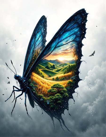 whimsical, illustrative digital painting of a butterfly with a landscape scene contained within its wings. The butterfly is depicted in profile, with its large, detailed wing filling most of the frame. The wing is divided into two distinct sections: the upper section features a sky gradient blending from blue to warm gold at the top, suggesting sunset or sunrise, while the lower section displays a lush green landscape with rolling hills, fields of golden grass, and scattered trees. The butterfly's body is rendered in shades of dark grey and black, with delicate legs and antennae. The edges of the wings are outlined in a darker tone, enhancing their shape. The background is a soft, misty gradient of light greys and whites, giving a dreamy, ethereal feel.  Capture the image in a soft, painterly style, emphasizing the blend of nature and fantasy, <lora:FantasyWizardWitchesFluxV2-000001:0.8>, <lora:Dever_Flux_Enhancer:0.4>, <lora:fluxenhancer:0.4>, <lora:FluxMythR3alisticF:0.6>
