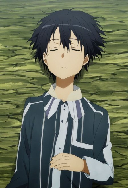 high resolution, solo, best quality, 1Boy, Kazuto Kirigaya, Black Hair, Black Eyes, sleep, meadow hills, wind breeze, OverallDetail