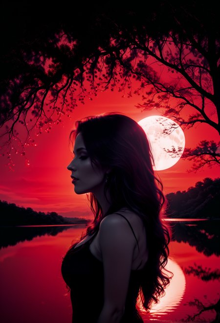 a pitch black setting with a silhoutte of a beautiful long haired woman lit up by a red hue, magical, silhouette, red theme, red horizon, tree silhouette, eyes closed, ephemeral, reflection  <lora:sdxl\add-detail-xl> <lora:sdxl\xl_more_art-full_v1>