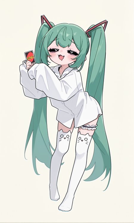 1girl, hatsune miku,  hmmnt,
looking at viewer, blush, smile, open mouth, holding card, uno \(game\), one eye closed, tongue, skin fang, mouth drool, t-pose, 
twintails, very long hair, hair ornament, green hair, sidelocks,
black sclera, white pupils, half-closed eyes, raised eyebrows, bags under eyes, 
white shirt, collared shirt, sleeves past wrists,
bridal garter, single strap, frills, animal ear legwear, cat ear leagwear, white thighhighs, no shoes, 
simple background, pastel yellow background, full body,
rating safe, akita,
masterpiece, best quality, amazing quality, <lora:akita:1.0> <lora:[illustrious]_Hatsune_Miku_-_Mimukauwa_Nice_Try_v1_(MikuMasterRace):1.0>