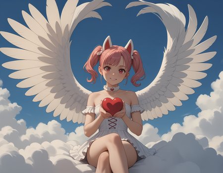 ( zPDXL3)
mischievous cupid girl with twin tails,short, small white wings, wearing a short strapless outfit, sitting on a fluffy cloud while holding a heart, bright sky with pink and red hues, crossed legs, 
cute, beautiful blue sky,
simple background,
