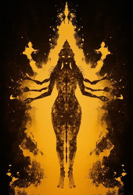 A rorschach-test resembling symmetrical goddess Shiva with four Arms and three eyes, Dancing, long hair, evil Aura, floating particles, dark Amber and golden translucent ink splashes
