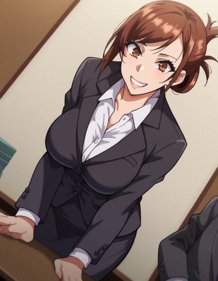 score_9, score_8_up, score_7_up, source_anime,
hisatoazuma, <lora:hisato-azuma-ova-ponyxl-lora-nochekaiser:1>,
hisato azuma, brown hair, brown eyes, large breasts,
formal, suit, office lady, skirt, black skirt, black jacket, folded ponytail,
indoors, office, bent over, smile,
looking at viewer, cowboy shot, solo, dutch angle,
