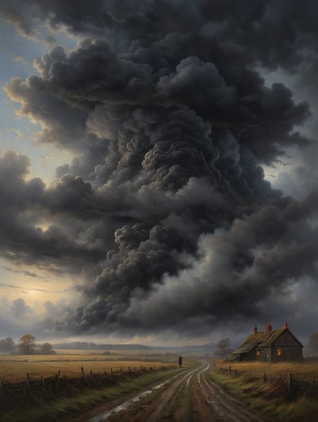 oil painting,
WHEN EVERYTHING THAT MATTERS SEEMS TO END,
 dramatic clouds, dark clouds, (misty:1.5), fog rolling in, creepy atmosphere, dramatic light, (darkness:2.5)
34K uhd, masterpiece, high detail, 8k, intricate, detailed, high resolution, high res, high quality, <lora:add-detail-xl:1.8>, highly detailed, Extremely high-resolution details, fine texture,