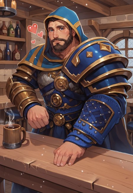 safe_pos, safe_pos, safe_pos, score_9, score_8_up, rating_nsfw, ultra hd, absurdres, best quality, masterpiece, masculine, solo, 1male, male focus, best anatomy, best eyes, best hands, sexiest man alive, erotic, gay porn, hand with five fingers, mature male,

SmiteUllr, two-tone facial hair, hood, beard, brown fur,  armor, blue hood, quiver, wooden dining table, tavern, mug of ale, wooden mug, cheers, happy, Expressiveh, <3