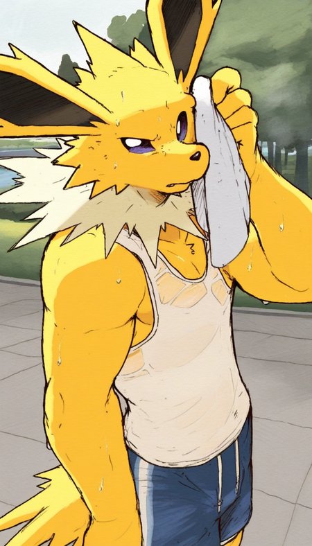 <lora:DaHecksAJerry_LoRA_NAI-XL:1> DaHecksAJerry, watercolor, male, solo, anthro, furry, (Jolteon), ((sweaty)), white tank top, navy, blue shorts, wiping sweat off brow, (((park background))), best quality, masterpiece