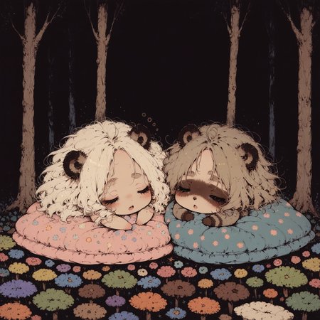 score_9, score_8_up, score_7_up, source_anime, 2girls, (ultra HD quality details), anime, slightly chibi, raccoon girls, wrapped in blanket, cuddling, tired, (rubbing one eye), looking up, yawn, cozy, :3, underground, inside burrow, tree roots coming out of walls
(detailed image, high resolution, 5k resolution:1.0)