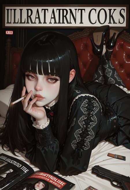 masterpiece,amazing quality,best quality,ultra-detailed, illustration, newest, absurdres, realistic, ((source_realistic:1.4)), BREAK artist:moriimee, 1girl,skirt, gothic,bangs,pale skin,hime cut,victorian clothes,jewelry, ((details,laced patterns)),(((vintage))), <break>, laying on bed,laying on stomach,feet up, crossed_legs, large angle, fake_cover, high_heels, magazine_\(object\) on bed, hand on magazine, looking at viewer, handgun, <segment:face,0.4,0.5//cid=1>