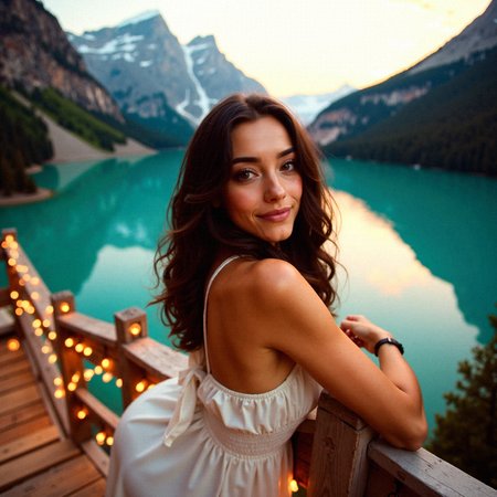 woman with soft, wavy dark hair and a luminous complexion at the top of a wooden staircase adorned with glowing string lights. Her delicate features are bathed in golden sunlight, highlighting her serene expression as she gazes past the viewer. Behind her, the staircase descends toward a breathtaking turquoise lake surrounded by majestic mountains. The pastel hues of the evening sky create a dreamy ambiance, with reflections of the rugged peaks shimmering in the tranquil water. She seems ethereal, as though a part of the natural beauty surrounding her.
Leaning with one elbow on the railing: A playful smirk on her face.











