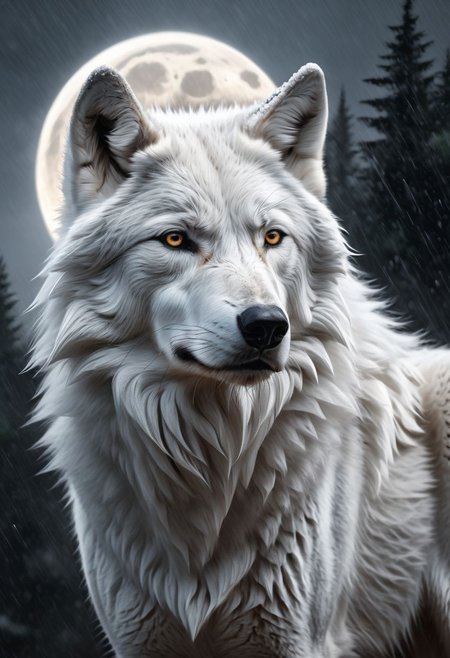 white-gray wolf, sad, determined. lonely wolf, abandoned by his friends, looking at his friends from far away, (((howling))), extremely sad composition, masterpiece,  white fur, Royal, in a heavy rain, full moon, it's head is down, Photorealistic, volumetric shading, Hyperdetailed, perfect composition, beautiful detailed, 8k artistic photography, volumetric cinematic perfect light, award - winning photograph,