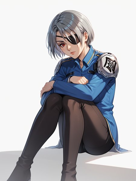 1girl, <lora:Fuu-Fuujin _ KH2-FF8_Pony:0.8> fuujin \\(ff8\\), score_7_up, grey hair, red eye, eyepatch, 
sitting, hugging knees