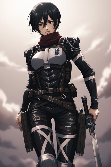 score_9, score_8_up, score_7_up, BREAK source_anime, <lora:adult mikasa ackerman-PonyXL-lora-faxtron:0.8> adult mikasa ackerman, black eyes, black hair, short hair, paradis military uniform, armor, belt, thigh strap,