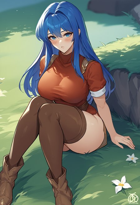 score_8_up, score_7_up, source_anime BREAK 1girl, solo, <lora:revolverwing-artist-richy-v1_pdxl:1> blush, looking at viewer,  <lora:caeda-fe-richy-v1_pdxl:1> caedards, blue eyes, blue hair, long hair, bangs, red shirt, short sleeves, bottomless, brown thighhighs, thighs, large breasts, sitting, brown boots, full body, outdoors, grass, parted lips,