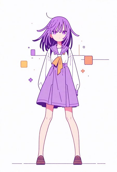 Flatline, Flat vector illustration, looking at viewer, full_body, 
nadeko, long hair, long bangs, school_uniform, sailor, 
slim, slender, knees, 
from front, front view, straight-on, look at viewer, standing, (legs apart:1.4), 
white background,