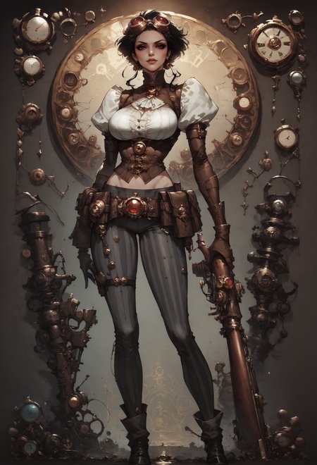 score_9, score_8_up, score_7_up,    full body, LadyM_DG, black sclera, red eyes, black hair, short hair, eyeshadow, asymmetrical legwear, gloves, belt,belt pouch, bustier, corset, steampunk,striped pants, black pants, goggles on head, holding  rifle, 1girl, delicate and smooth skin, blush, perfect body, thighs, large breasts, highly detailed, glossy lips, looking at viewer, steampunk background,    <lora:Concept Art DarkSide Style LoRA_Pony XL v6:0.8> concept art,  <lora:Expressive_H-000001:0.8> expressiveh,  <lora:Kenva:0.8> knva, halftone effect,  <lora:sinfully_stylish_SDXL> <lora:Lady Mechanika (PonyXL) v01:0.8>