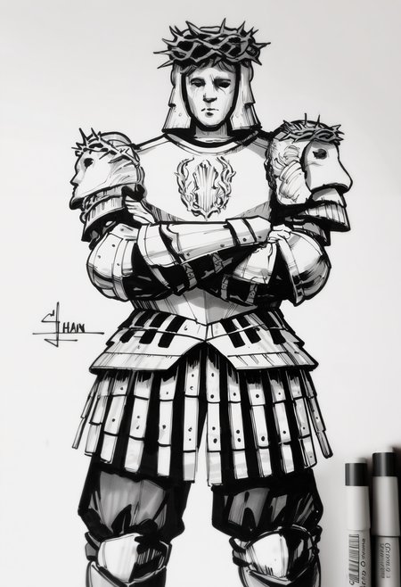 masterpiece, best quality, newest, absurdres, highres, 1other, helmet, mask, crown of thorns, armor, breastplate, chainmail, pauldrons, gauntlets, faulds, greaves, whiteboard \(medium\), marker \(medium\), photoshop \(medium\), traditional media, monochrome, sketch, whiteboard, crossed arms
<lora:Looking Glass Knight:1>