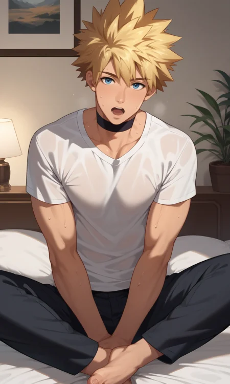 score_9, score_8_up, score_7_up, masterpiece, best quality, lots of details, ((1boy)), solo, male focus, Lenga, blonde hair, slim, spiked hair, blue eyes, open mouth, sitting, on bed, choker,  white t-shirt, short sleeves, black pants, shaded, sweat, detailed shading, detailed skin, shaded skin, realistic shading, looking at viewer, Expressiveh, countershading:1.1, bedroom interior, indoors, <lora:add-detail-xl:0.7>, <lora:Smooth Anime 2 Style SDXL_LoRA_Pony Diffusion V6 XL:0.8>, <lora:Expressive_H:0.8>, <lora:Lenga_XL_V10_OPT:0.9>