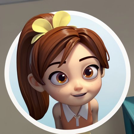 score_9, score_8_up, score_7_up BREAK SunnySpell, 1girl, brown hair, ponytail, brown eyes, yellow flower scrunchie, sleeveless white-collared orange shirt, face closeup, face view, cgi, source_cgi, girl, girl focus, :3,
