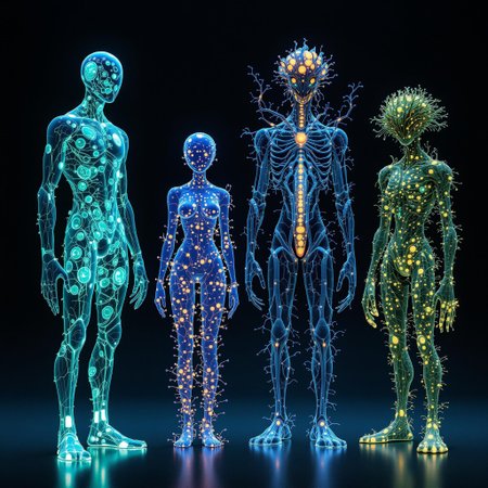 1 male protocell Humanoid, 1 female Obcells humanoid, 1 Protozoa Kaiju humanoid, and 1 fungi/Forest/elements/humanoid, the 4 are standing beside each other. 32k, 16k, 8k, masterpiece, Bioluminescence translucent body.