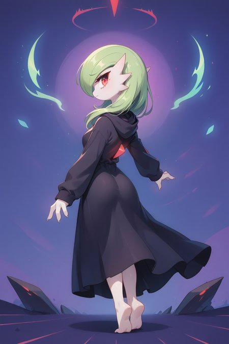 gardevoir, hoodie, red glowing eye, red eyes, looking back, dress, hovering, psycic power, fyling rocks, purple energy, <lora:drunkoak.pony:1>,  <lora:visualnovel_pony_SDXLPONY_r12_768_dim32-a1-adamW:0.7> visualnovel_pony, lines, abstract background, glowing particles, full body, energy aura,, score_9, score_8_up, score_7_up