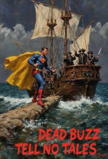 In this desperate and darkly humorous oil painting, BUZZ, the superhero with a golden cape emblazoned with a bold "B," stands precariously at the end of a creaking wooden plank extending from a worn pirate ship. The once-vibrant golden cape now seems to flutter weakly in the ominous, stormy wind, and BUZZ’s posture is tense, his hands gripping the air in a futile attempt at defiance. His eyes are wide with panic, his expression torn between heroism and terror. Around him, the pirate crew, their faces twisted in sinister determination, point sharp swords at him with ruthless precision. The pirate ship, battered by the waves, looms behind, its tattered sails billowing ominously as dark clouds swirl overhead. Below, the turbulent sea churns violently, hinting at the grim fate awaiting him. At the bottom of the painting, in stark, blood-red lettering, the words "DEAD BUZZ TELL NO TALES" are scrawled, adding a chilling, hopeless finality to the scene. The oil painting’s dark, brooding colors and heavy brushstrokes create a sense of impending doom, turning the once-comical image into a desperate struggle against inevitable defeat.
