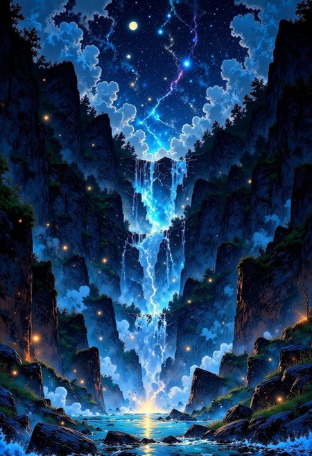 Moonlit Waterfalls of Elara – Floating Stones & Misty Light
"A breathtaking, gravity-defying waterfall cascades down from a floating island, shimmering with liquid silver under the glow of twin moons. The water doesn’t crash—it glides softly like silk, creating mist infused with tiny glowing orbs of light. Ancient ruins covered in glowing runes line the edges of the cliffs, humming softly with arcane energy."