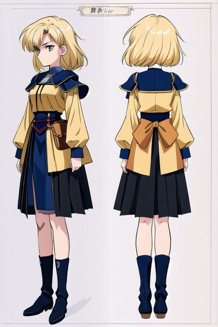 anime, blonde, very messy hair girl, gothic style, no sleeve yellow shirt, black skirt, shoulder, witch, serious face, medieval fantasy, medieval castle, wizard uniform, 1980s (style), retro artstyle, model sheet, simples bsckground, chara-sheet